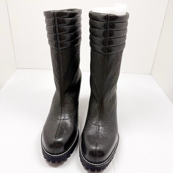 Stuart Weitzman Isobel Boots 6.5 Black Leather Lug Sole Block Heel Mid Calf - Picture 4 of 11